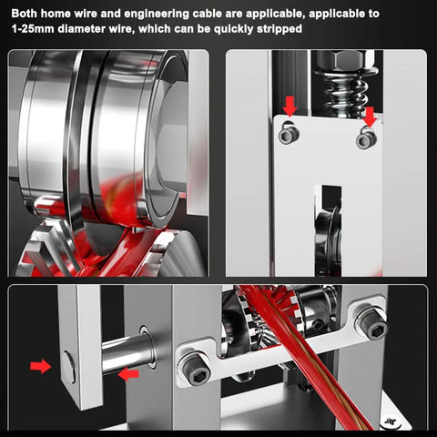 Close-up of Beast Drill Powered Wire Stripping Machine for Copper Recycling showing cable insertion and stripping components.