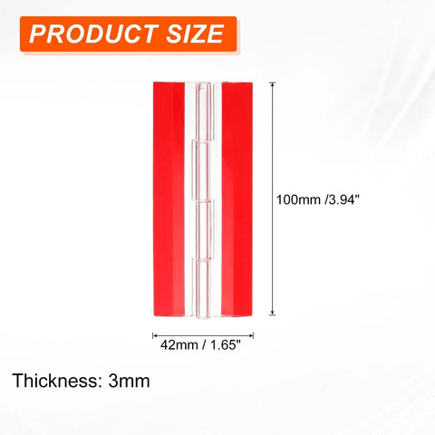 Six Piece Clear Acrylic Hinges, 100x42mm Invisible Self Adhesive Backing, 275 Degree Swivel, size dimensions displayed.