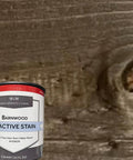 Hella Durable Reactive Water Based Voc Free Interior Wood Stain 55 Gallon with barnwood background, showing rustic finish.
