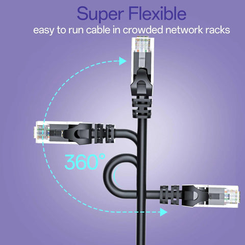 Fast Cat 6 Ethernet Patch Cable 3 Feet Pack Of 10 showing flexibility with multiple angled plugs and text about its easy network installation.