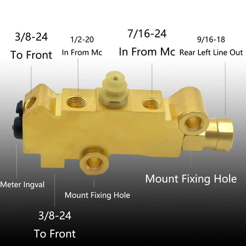 Tough And Slick Universal Brass Brake Proportioning Valve Disc Front Drum Rear For GM Ford Chevy Street Rods Muscle Cars Plus Classic Truck Rides Dual Reservoir Master Cylinder PV2 Model 1353 with mounting details.
