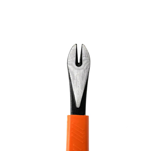 Close-up of the claw end of a 10 Inch Precision Nail Puller Cats Paw Pry Bar With Ergonomic Soft Grip Forged High Carbon Steel Crow Bar Tool