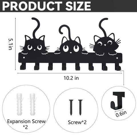 Wall Mounted Key Hooks With Eight Hooks Black Cat Themed Key Holder Rack for Home Decor Entryway Hallway Dog Leash Organizer