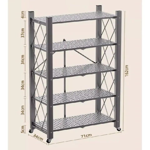 Heavy Duty Five Tier Metal Storage Shelves With Rolling Wheels And Foldable Design For Garage Kitchen Pantry And Home Office, 162 cm tall.
