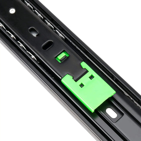 Close-up of Three Pack 14 Inch Push To Open Drawer Slides With Full Extension Ball Bearing Side Mount Rails in black finish