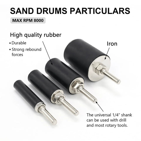Sanding drum set with 1/4 in shanks for drill/press; five black rubber sleeves and metal shafts.