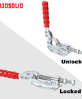 2 Pack Push Pull Toggle Clamp 36020 With 396 Lb Holding Capacity, 1.17 Inch Stroke, 144.5 Degree Handle Open, Red Grippy Cushioned Grip For Comfort, Heavy Duty Workholding Clamp For Fast, Secure Tightly Held Parts In Home Shop And Garage, unlocked and locked views