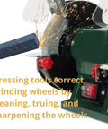 Three Piece Pro Grade Grinding Wheel Dressing Tool Set With Abrasive Sticks for Bench Grinder, showing sparks while dressing wheel.