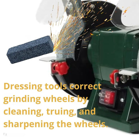 Three Piece Pro Grade Grinding Wheel Dressing Tool Set With Abrasive Sticks for Bench Grinder, showing sparks while dressing wheel.