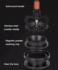 Exploded view of Heavy Duty Stainless Steel Espresso Distribution Tool 58Mm with solid wood handle and magnetic powder receiving ring.