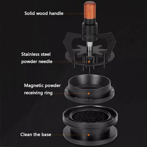 Exploded view of Heavy Duty Stainless Steel Espresso Distribution Tool 58Mm with solid wood handle and magnetic powder receiving ring.