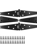 Heavy Duty 5 Inch Strap Hinges 4 Pack Rock Solid Barn Door Hardware For Sheds Gates And Garages Built Tough With No Sweat Setup And Straight Up Reliable Precision Cast Construction, featuring black metal hinges and screws.