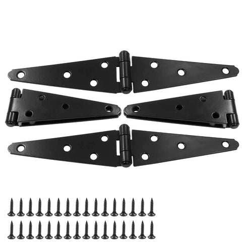 Heavy Duty 5 Inch Strap Hinges 4 Pack Rock Solid Barn Door Hardware For Sheds Gates And Garages Built Tough With No Sweat Setup And Straight Up Reliable Precision Cast Construction, featuring black metal hinges and screws.