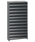 Built Like A Boss Closed Steel Shelving Unit With Nineteen Racks Loaded With One Oh Eight Blue Plastic Bins For Garage Organization Dust Proof Tools Measuring Seven Foot Five Inches High By Thirty Six Wide And Twelve Deep.