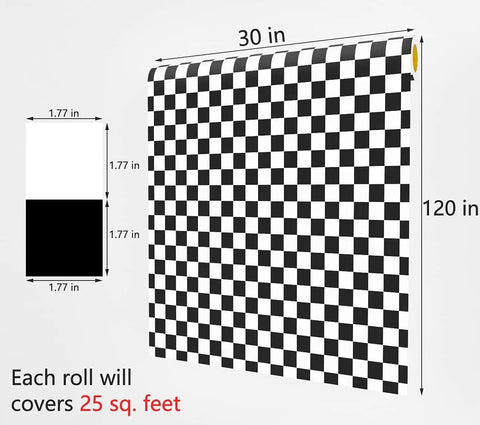 Diagram of Checkered Peel And Stick Wallpaper Black And White For Kitchen Backsplash And Cabinets Decor, 30x120 inch roll, covers 25 sq ft.