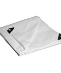 Heavy Duty 10x12 White Tarp 10 Mil Poly With 14x14 Cross Weave, Laminated On Both Sides, folded with visible grommets