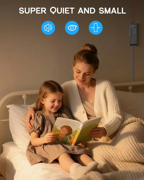 Mother reading to child in warm light, powered by Dimmable LED Driver 100W Power Supply 85-277V AC to 12V DC Converter Quiet Compact Transformer.