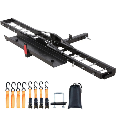 Heavy Duty Motorcycle Carrier Hitch Mount With 600 Lbs Capacity 47 Inch Longer Ramp Ratchet Straps And Stabilizer Dirt Bike Scooter Trailer Hauler For Car Or Truck With 2 Inch Hitch Receiver, showing platform and accessories.