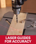 Beefy 20 Inch Smart Drill Press With Brushless Motor And Cast Iron Table showing laser guides on wood for precision drilling.