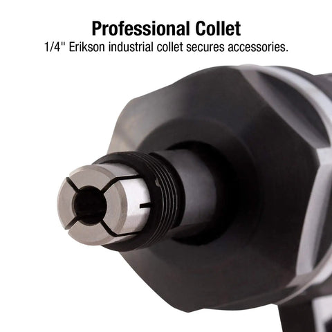Close-up of collet on Go To One Horsepower Die Grinder With One Quarter Inch Drive Lightweight Composite Body Rugged Ergonomic Grip
