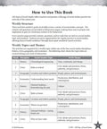 Interior page of Social Studies For Kindergarten Daily Practice Workbook showing weekly structure and topics table.