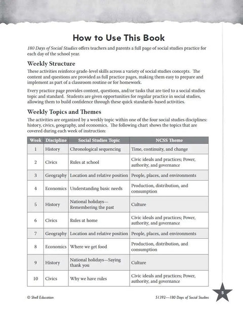 Interior page of Social Studies For Kindergarten Daily Practice Workbook showing weekly structure and topics table.