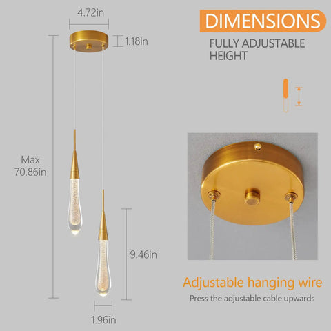 Teardrop Crystal Pendant Lights For Kitchen Island, Dimmable LED Gold Pendant Light Fixture dimensions diagram