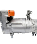 Electric AC Compressor Direct Fit Replacement For Tesla Model 3 and Model Y EV, silver metal design with orange connector.