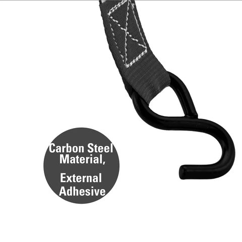 Close-up of Ratchet Tie Down Straps With Hook Heavy Duty 3000 Pound Break Strength 10 Foot Length Pack Of Four Black Built To Last