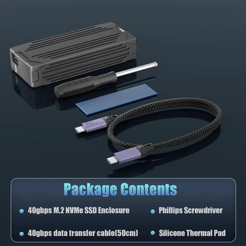 Speed Demon M2 Nvme Ssd Enclosure With Thunderbolt 4 And 5 Compatibility offering accessories including screwdriver and data cable.