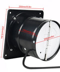 8-Inch Through-The-Wall Exhaust Fan With Plug, 735 CFM, Pure Copper Motor, shown with dimensions in black housing