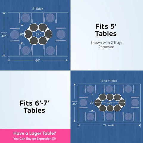 Expandable Lazy Susan Turntable In Dark Gray Full Set For Rectangular And Oblong Tables diagram showing fit for 5' and 6'-7' tables.