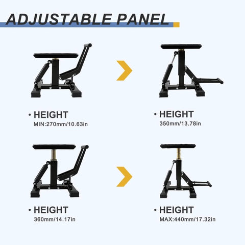 Adjustable heights of Heavy Duty Dirt Bike Stand Adjustable Jack Stand 1200 Lbs Capacity Engine Stand With Vertical Rise Easy To Operate