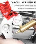 Shop Grade Handheld Vacuum Brake Bleeder Kit With Precision Pressure Gauge And Seven Universal Adapters For No Sweat Brake And Clutch Fluid Drainage Tough Canvas Case Loading display with tools and gauge.