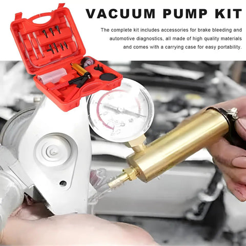 Shop Grade Handheld Vacuum Brake Bleeder Kit With Precision Pressure Gauge And Seven Universal Adapters For No Sweat Brake And Clutch Fluid Drainage Tough Canvas Case Loading display with tools and gauge.