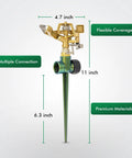 Heavy Duty All Metal Impact Sprinkler With Zinc Alloy Head On Sturdy Spike Base Delivers 360 Degree Coverage And Easy Adjustable Arc For Workhorse Large Area Lawn And Garden Irrigation with size dimensions shown