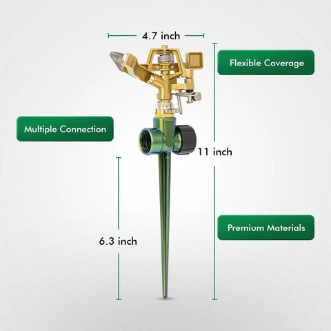Heavy Duty All Metal Impact Sprinkler With Zinc Alloy Head On Sturdy Spike Base Delivers 360 Degree Coverage And Easy Adjustable Arc For Workhorse Large Area Lawn And Garden Irrigation with size dimensions shown