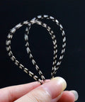Close-up of a hand holding 10-piece black and white dry fly tying feather set with presized saddle hackles 6-9 inches long sizes 12 through 14.
