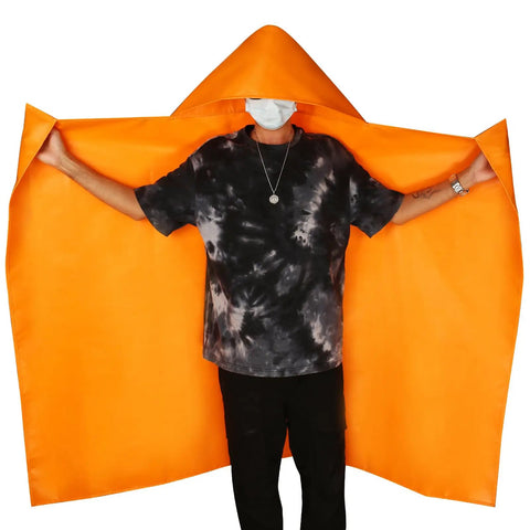 Person wearing orange Fireproof Cloak For Home And Office Emergency Use Extra Large Glass Fiber Fire Escape Cape With Silicone Coating