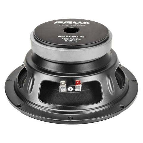 8 Inch Midbass Speaker 8MB450 V2 Pair, 450 Watts, 8 Ohm, car audio loudspeakers, rear view of metal basket and terminals