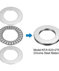 Needle Roller Thrust Bearing Kit with four washers, chrome steel, model NTA1423 And TRA1423, shown disassembled and assembled