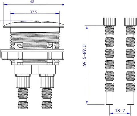 Technical drawing of 38mm Gold Toilet Handle And Button Pusher Upgrade with 360 Degree Rotatable Tool Free Adjustment
