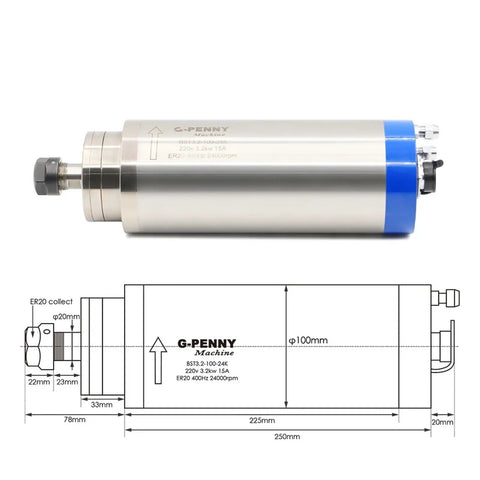 3.2Kw Water Cooled Spindle Motor ER20 Router Engraving Machine Woodworking Milling 24000 RPM 220V with detailed dimensions.
