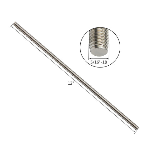 Side view of 12-inch 304 stainless steel 5/16-18 fully threaded rod with right-hand threads; inset shows diameter.
