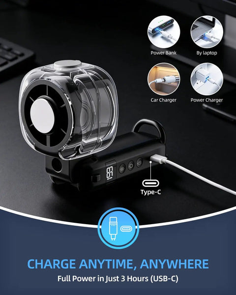 Portable Handheld Turbo Fan On The Go With Ice Cooling And 45ml Mist Tank, USB recharge, charging by Type-C cable on desk