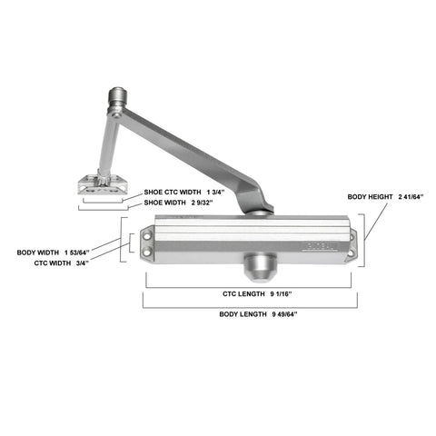 Diagram of Compact Workhorse Door Closer With Adjustable Spring Tension And Aluminum Finish ADA Ready Non Handed And Reversible