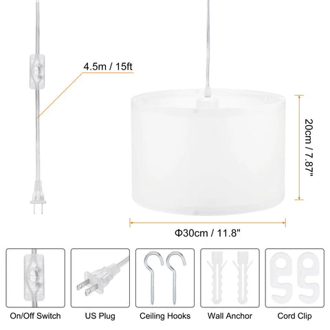 Game Changing Plug In Pendant Light With Adjustable Fifteen Foot Rope Cord And Chill Linen Fabric Shade On Off Switch dimensions and details