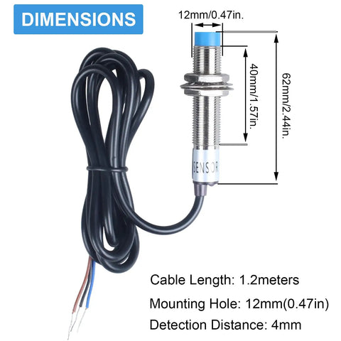 Two Pack M12 Inductive Proximity Sensor Switch With 4mm Detect Distance NPN NO DC 6 36V 3 Wire Brown Blue Black LJ12A3-4-Z BX Industrial Metal Detection For Automation Projects, 12mm sensor with 1.2m cable