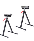 Heavy Duty Adjustable Roller Stand 2 Pack Folding Steel Work Support with chrome rollers and red handles for DIY projects.