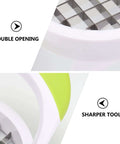 Front view of PRETYZOOM potato cutter, white body with lime-green handle and stainless steel square blades for fries.